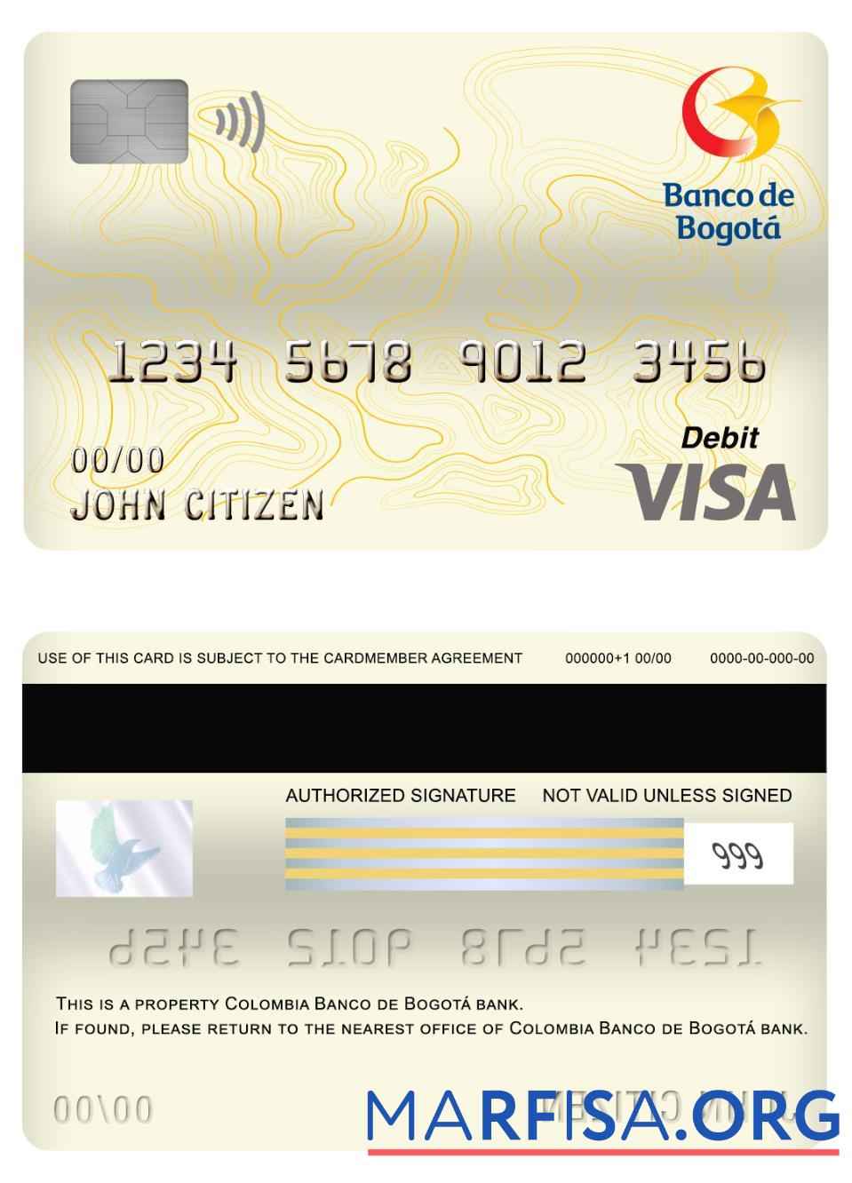 Printable Colombia Banco de bogotá bank visa debit card download for verification
